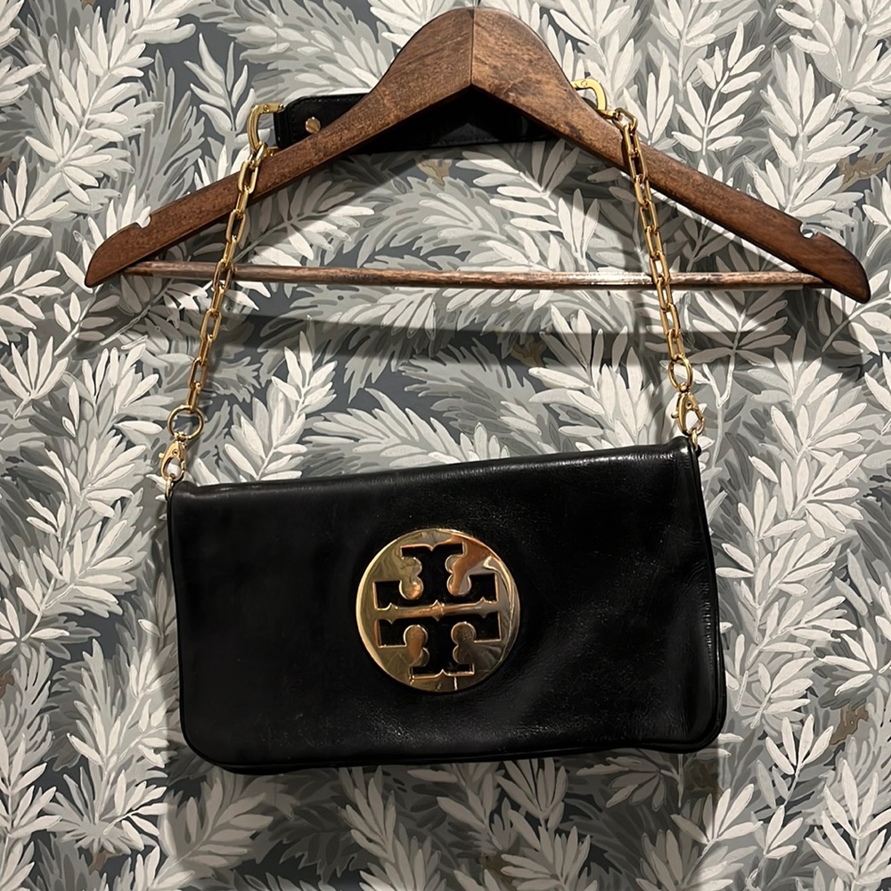 Tory Burch Black Leather Evening Bag with Gold Hardware and Two Pockets